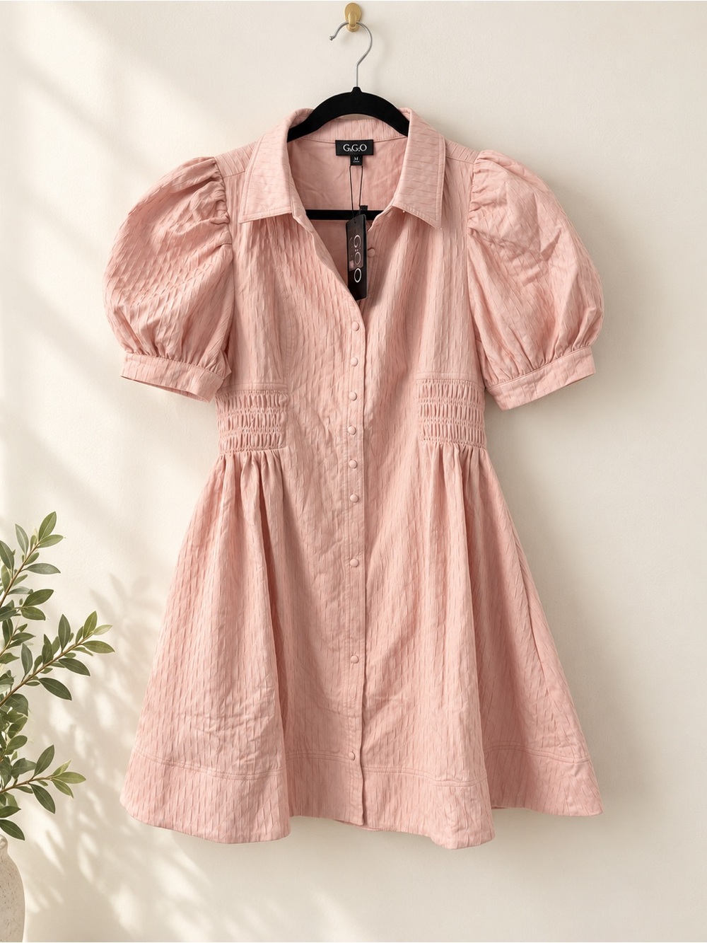 GiGiO Blush Pink Puff Sleeve Smocked Waist Dress Size M NWT Pockets